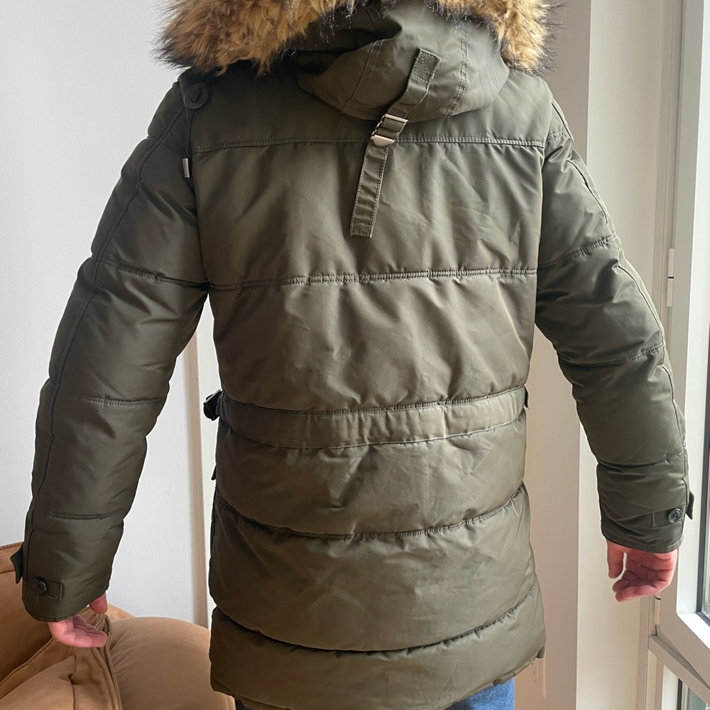 Zara Olive Green Puffer Jacket with Fur Hood